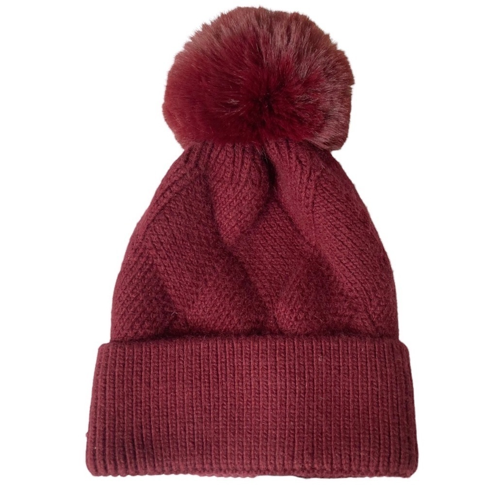 Anthropologie Burgundy Knit Pom-Pom Hat